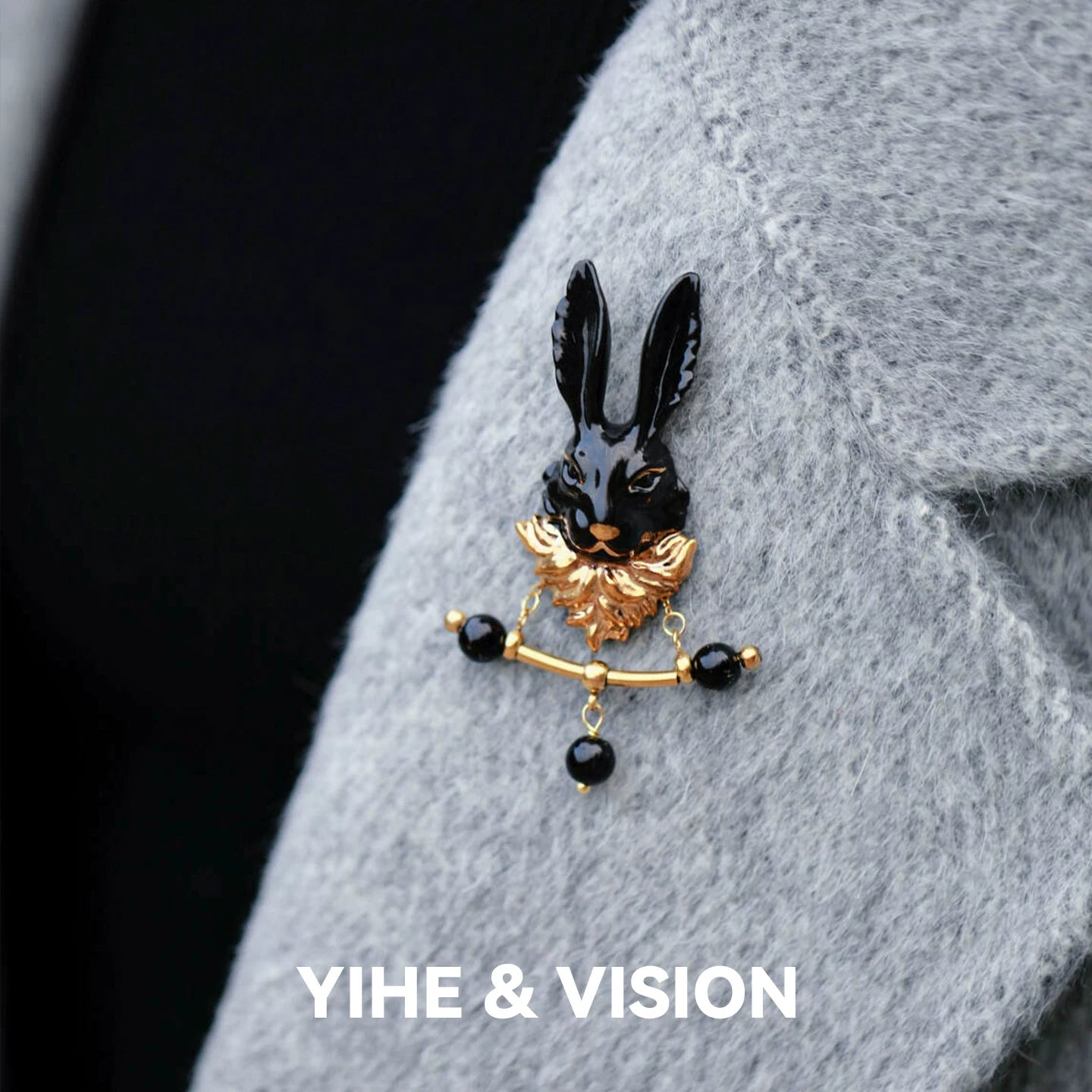 Black Gold Rabbit Ceramic Brooch,Lumivault.