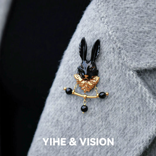Black Gold Rabbit Ceramic Brooch,Lumivault.
