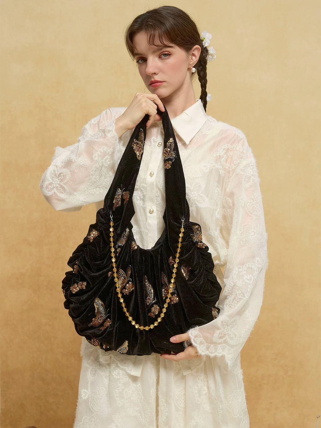 Regal Gilded Butterfly Velvet Tote Bag - Lumivault