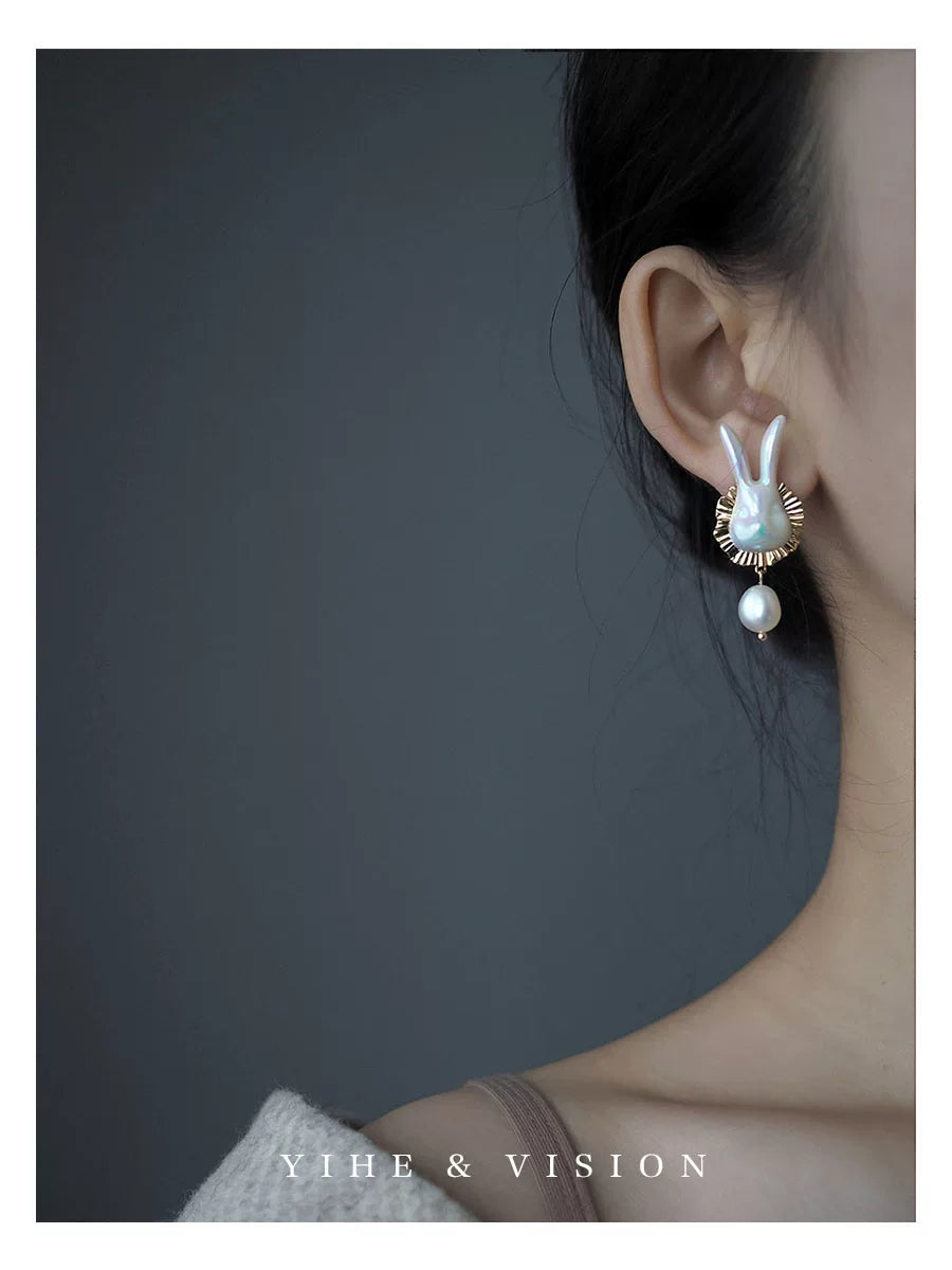 Cute Rabbit Ceramic Freshwater Pearl Earrings,Lumivault.