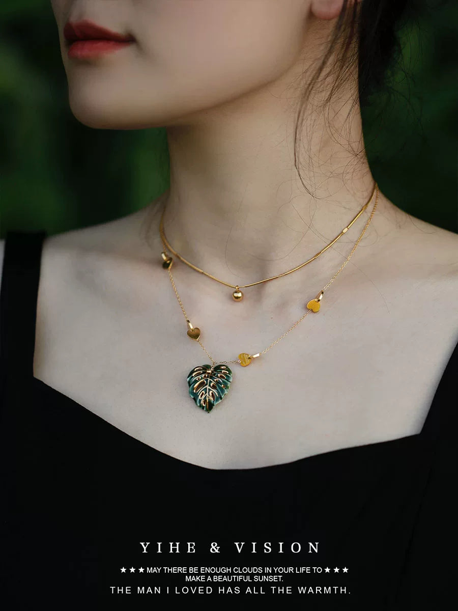 Monstera Ceramic Titanium Steel Stacking Necklace,Lumivault.