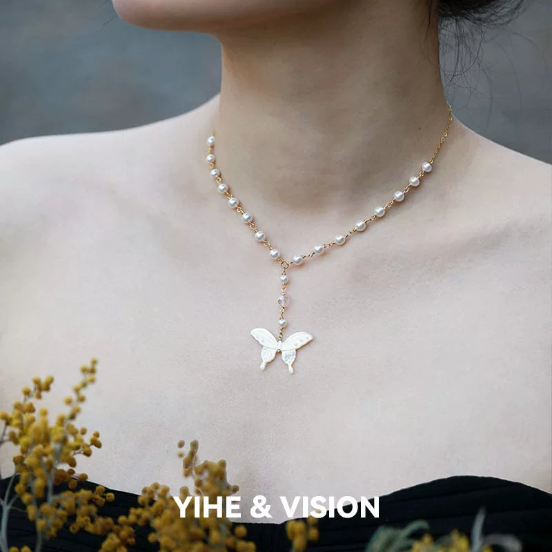 Butterfly Pearl Crystal Necklace,Lumivault.