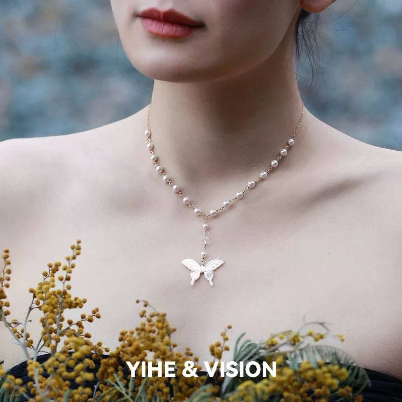 Butterfly Pearl Crystal Necklace,Lumivault.