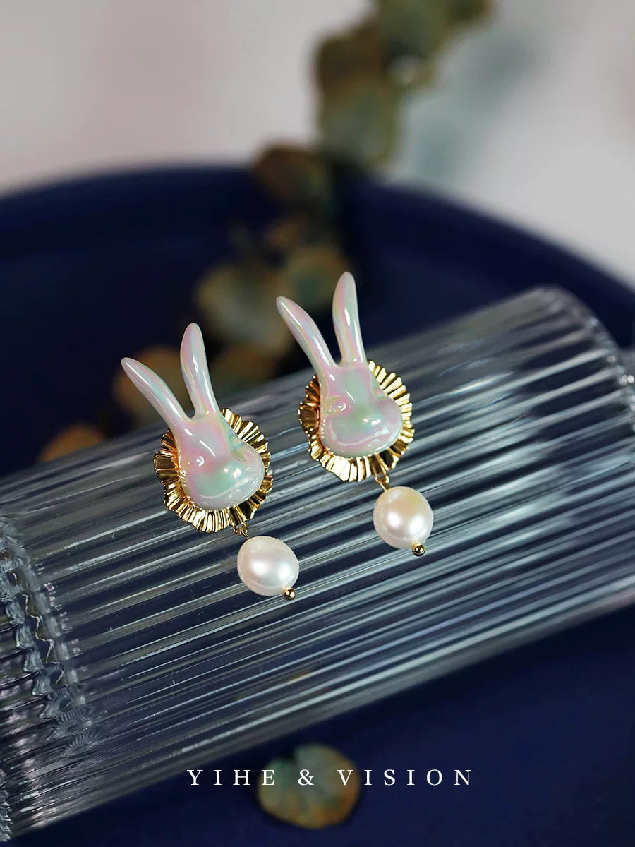 Cute Rabbit Ceramic Freshwater Pearl Earrings,Lumivault.