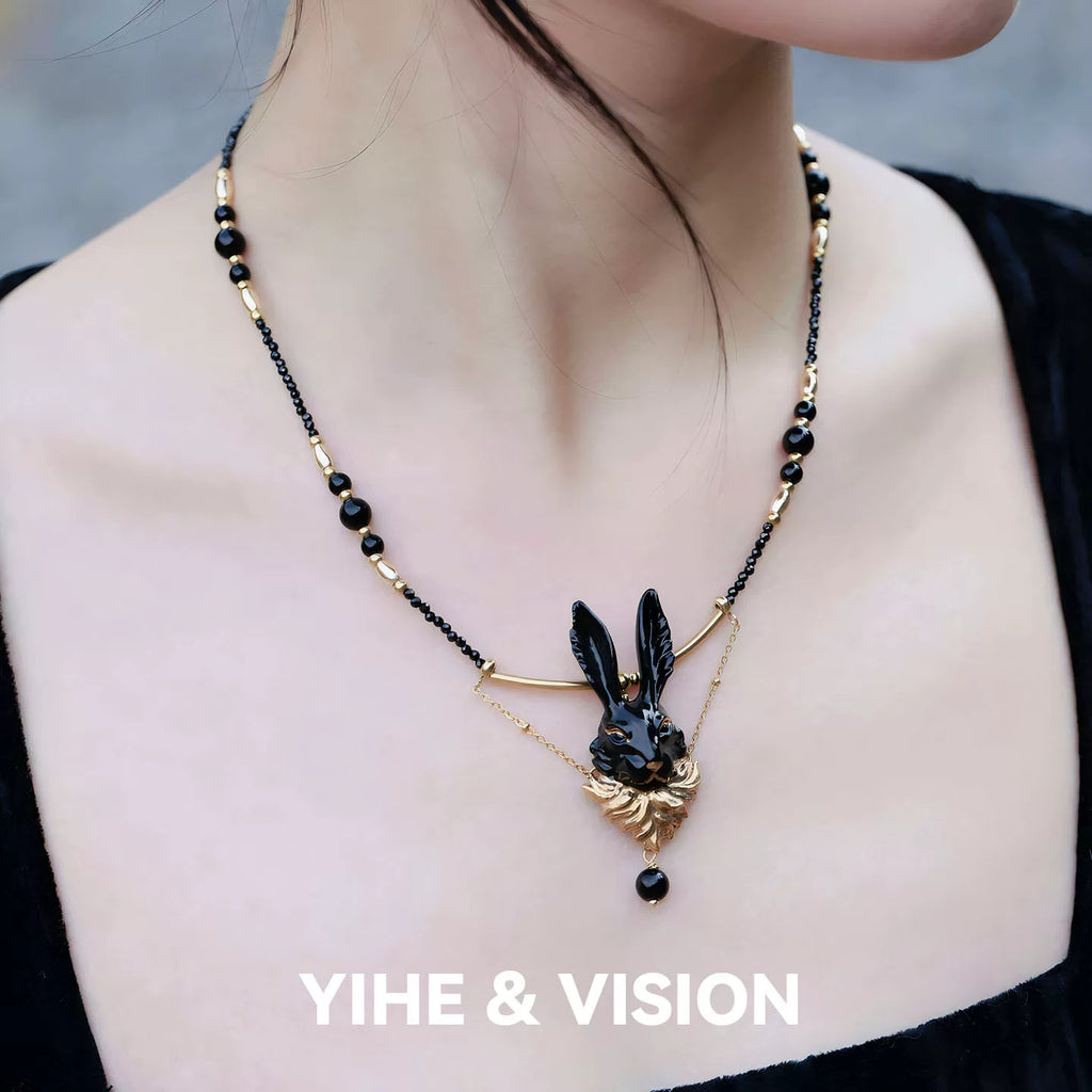 Black Gold Rabbit Ceramic Necklace,Lumivault.