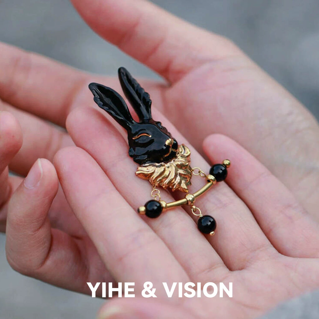 Black Gold Rabbit Ceramic Brooch,Lumivault.