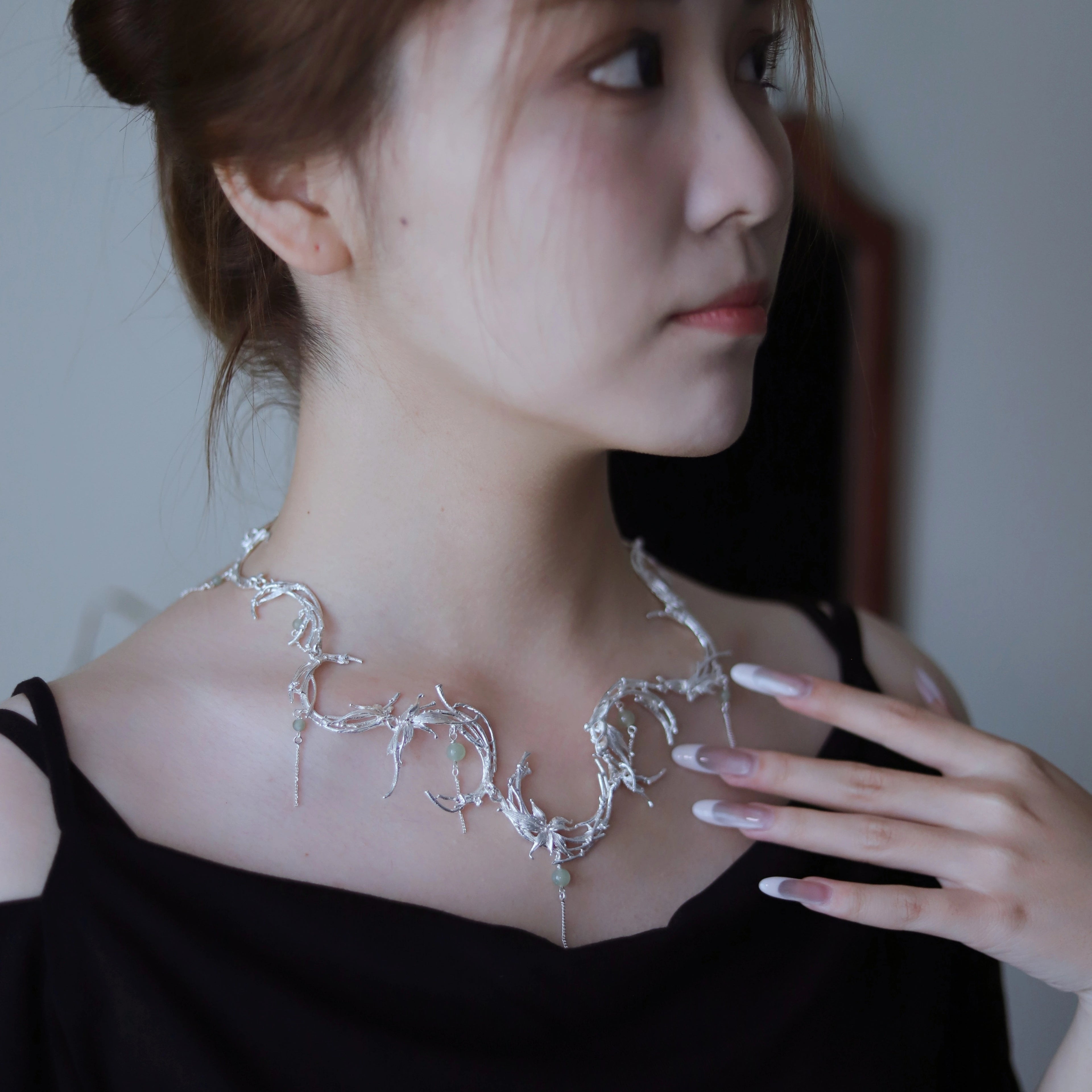 Half Moon Bamboo Silver Necklace,Lumivault.