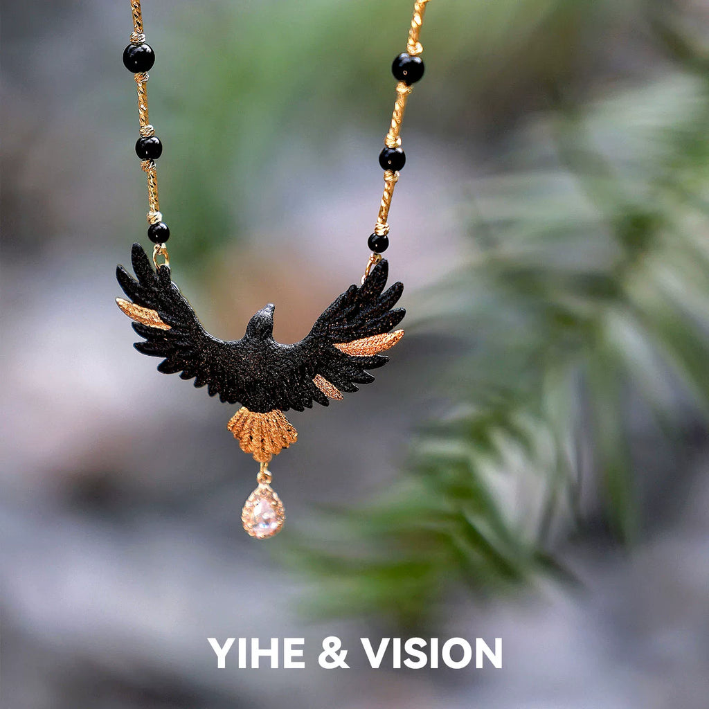 Gold-tailed Black Eagle Ceramic Necklace,Lumivault.