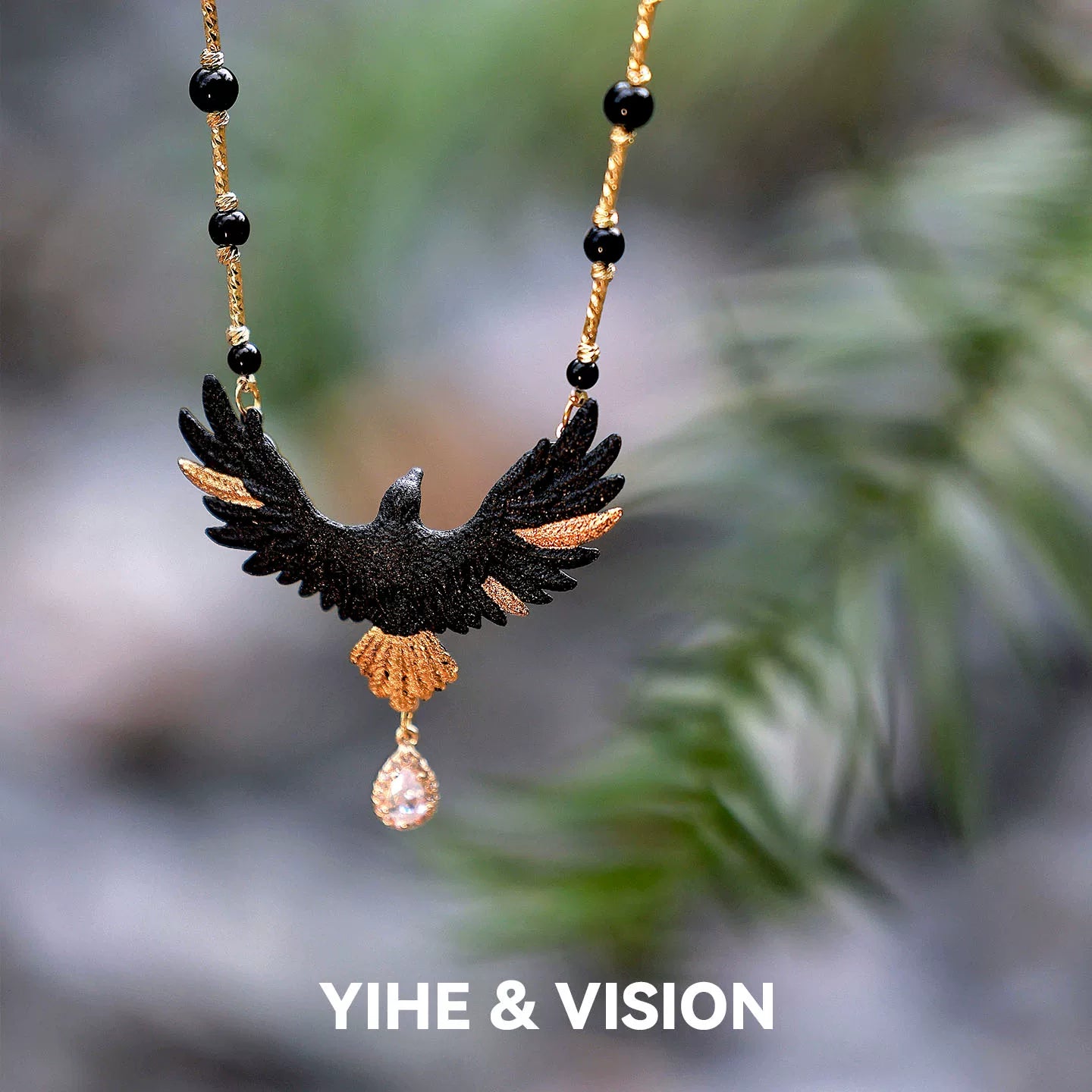 Gold-tailed Black Eagle Ceramic Necklace,Lumivault.