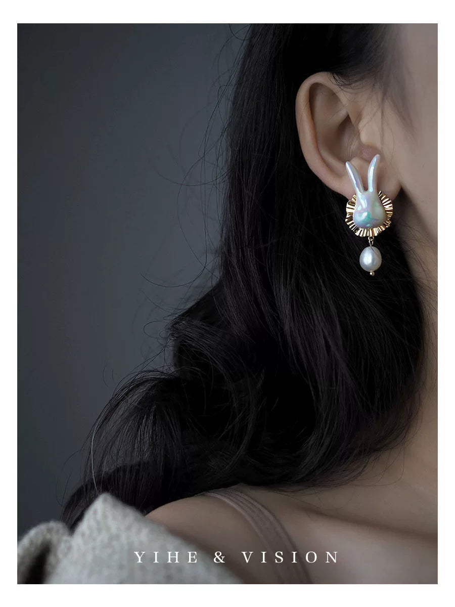 Cute Rabbit Ceramic Freshwater Pearl Earrings,Lumivault.