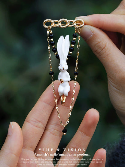 Rabbit Black Onyx Ceramic Brooch