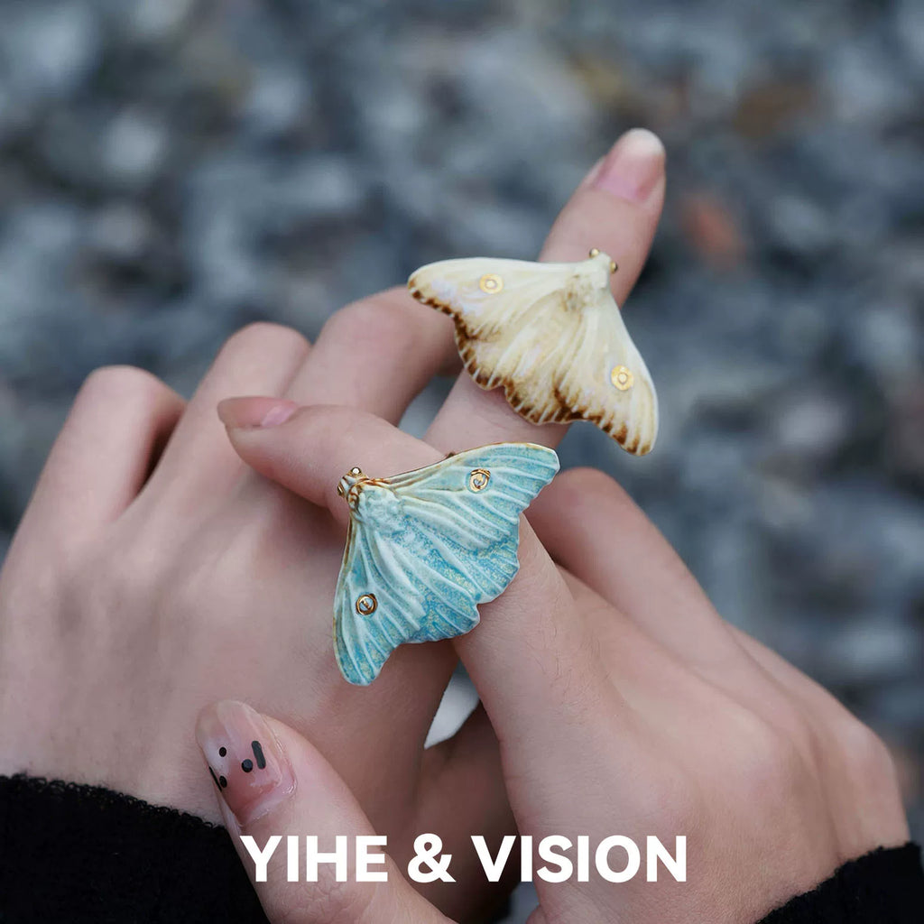Frost Yellow and Blue Moth Ceramic Ring,Lumivault.