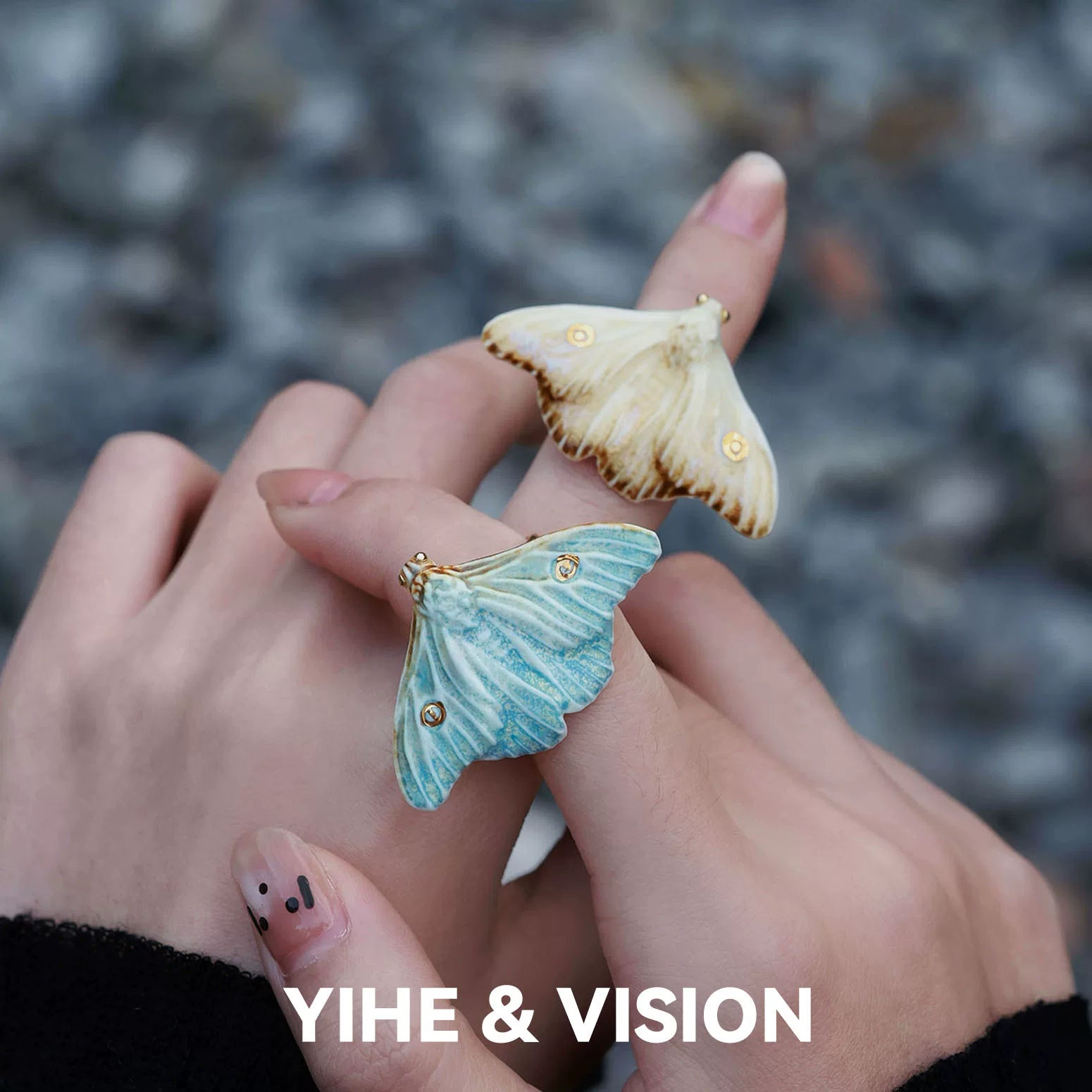 Frost Yellow and Blue Moth Ceramic Ring,Lumivault.