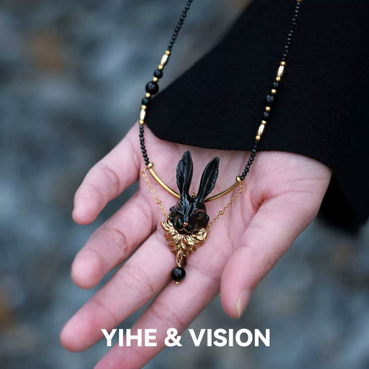 Black Gold Rabbit Ceramic Necklace,Lumivault.