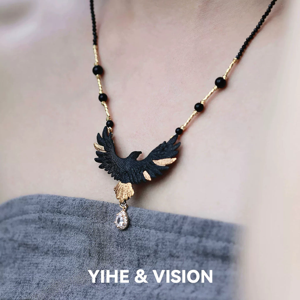 Gold-tailed Black Eagle Ceramic Necklace,Lumivault.