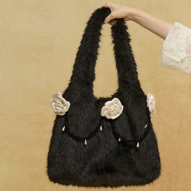 Cozy Hand-woven Camellia Plush Tote Bag - Lumivault