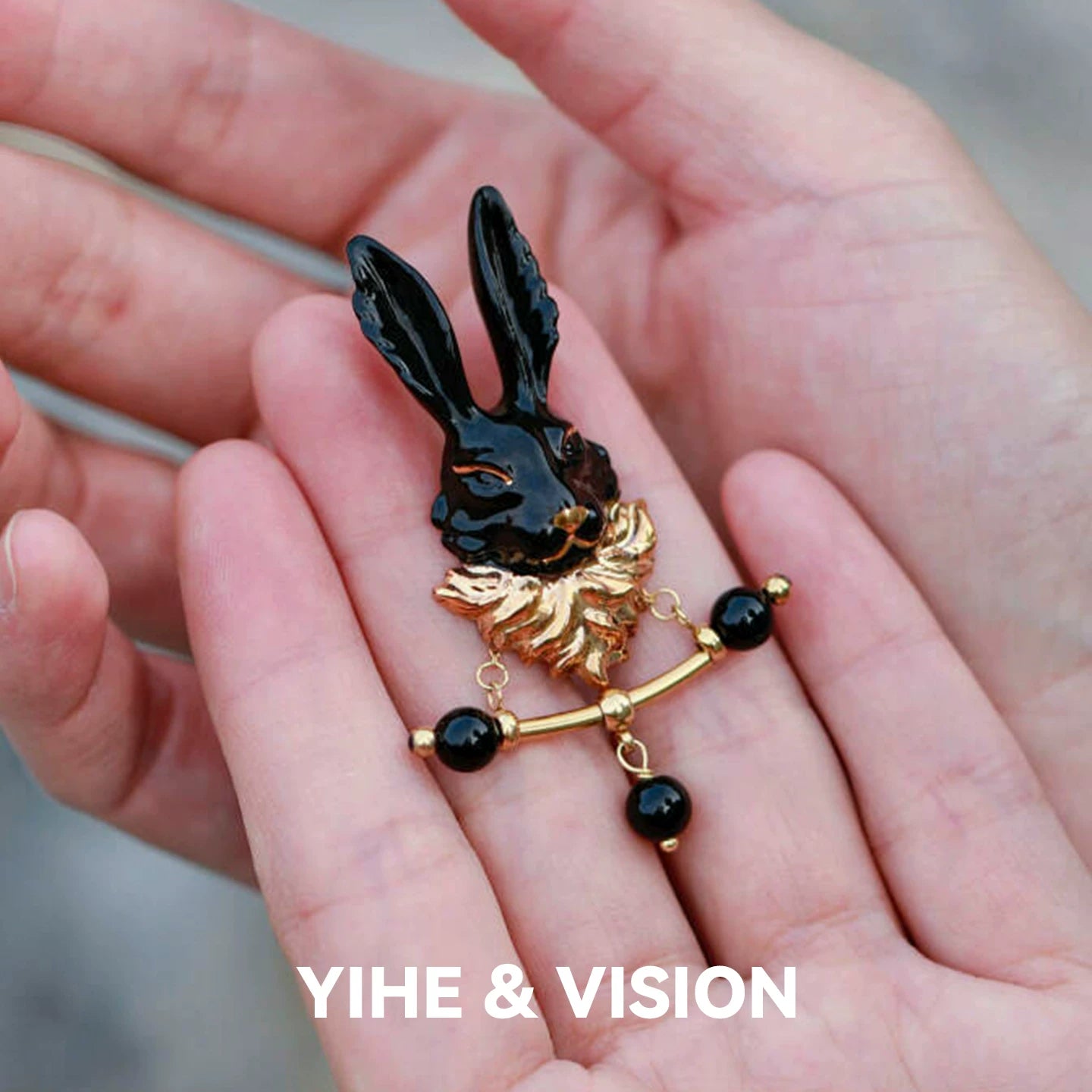 Black Gold Rabbit Ceramic Brooch,Lumivault.