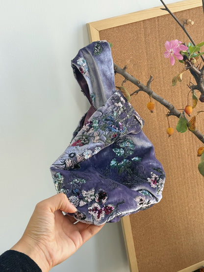 Embroidered Purple Silk Velvet Sequin Bag - Lumivault