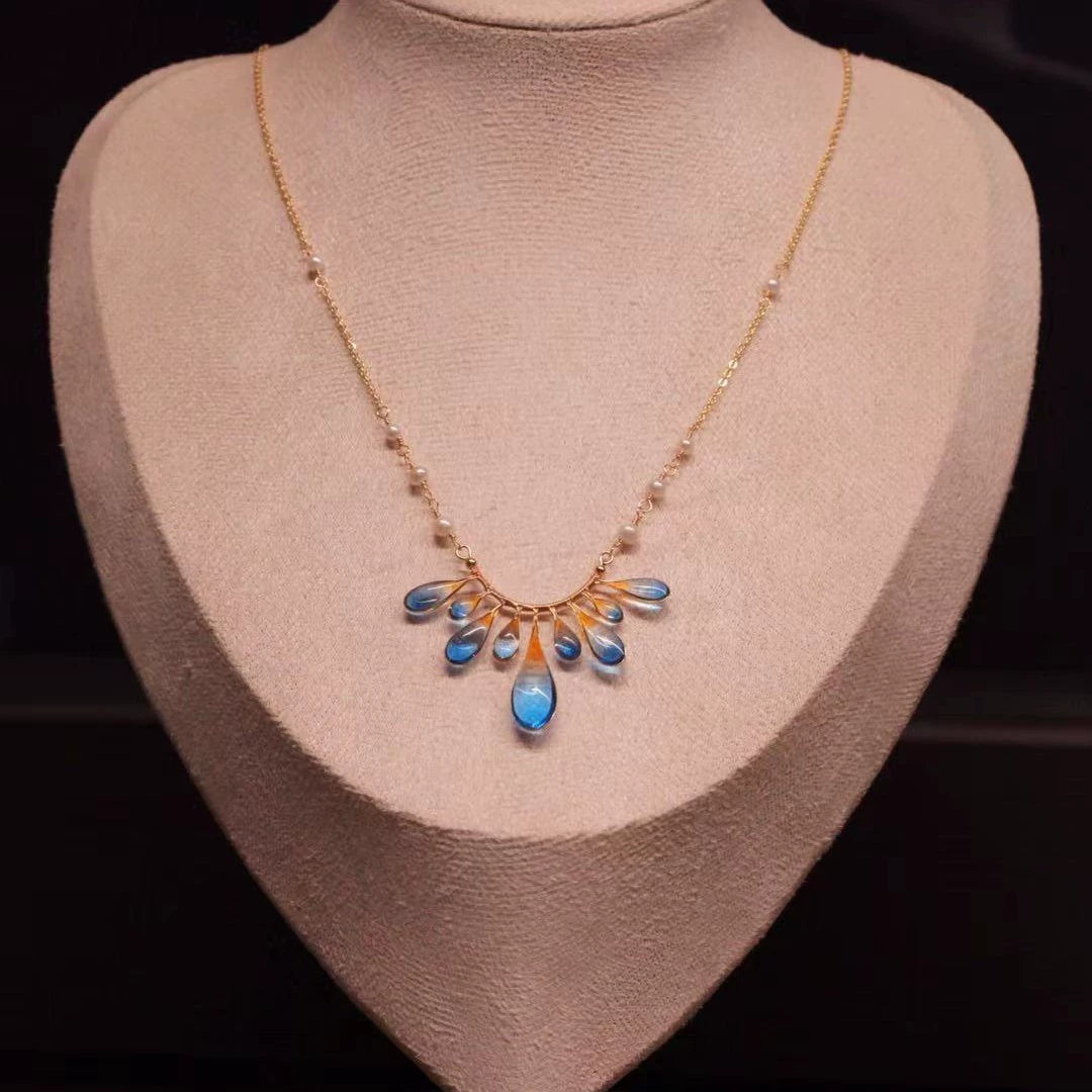 Blue Orange Sea Freshwater Pearl Necklace,#4,Lumivault.