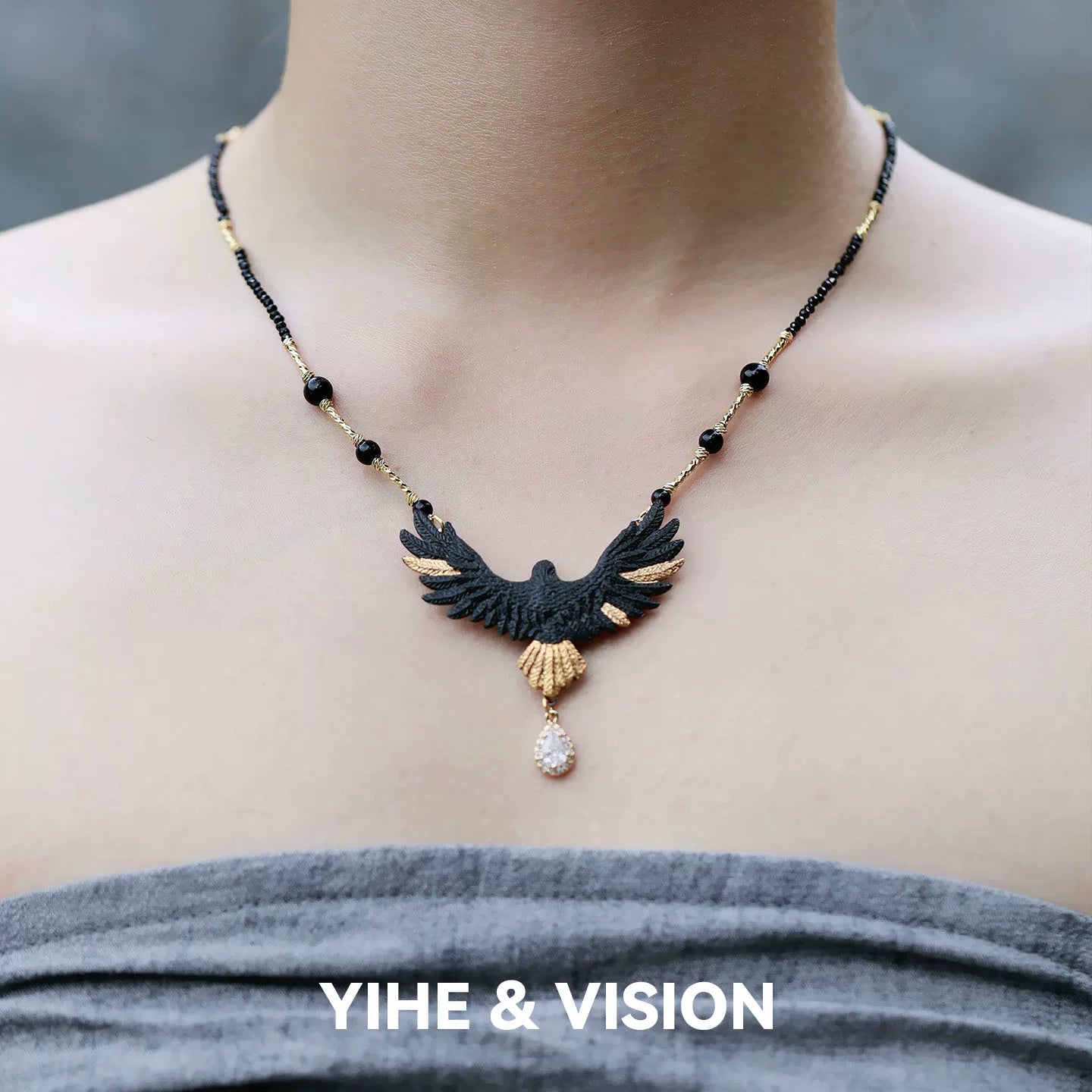 Gold-tailed Black Eagle Ceramic Necklace,Lumivault.