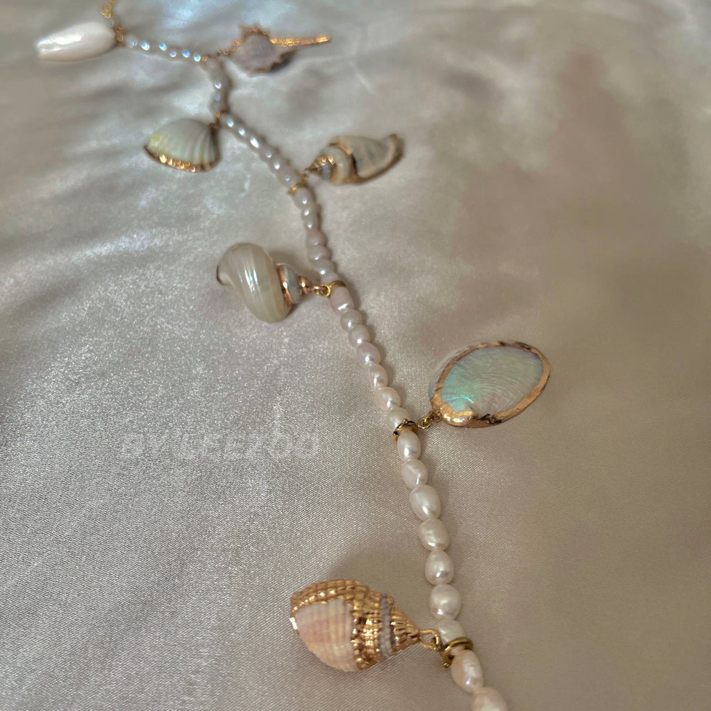 Vintage Baroque Pearl Seashell Necklace,White suit,Lumivault.