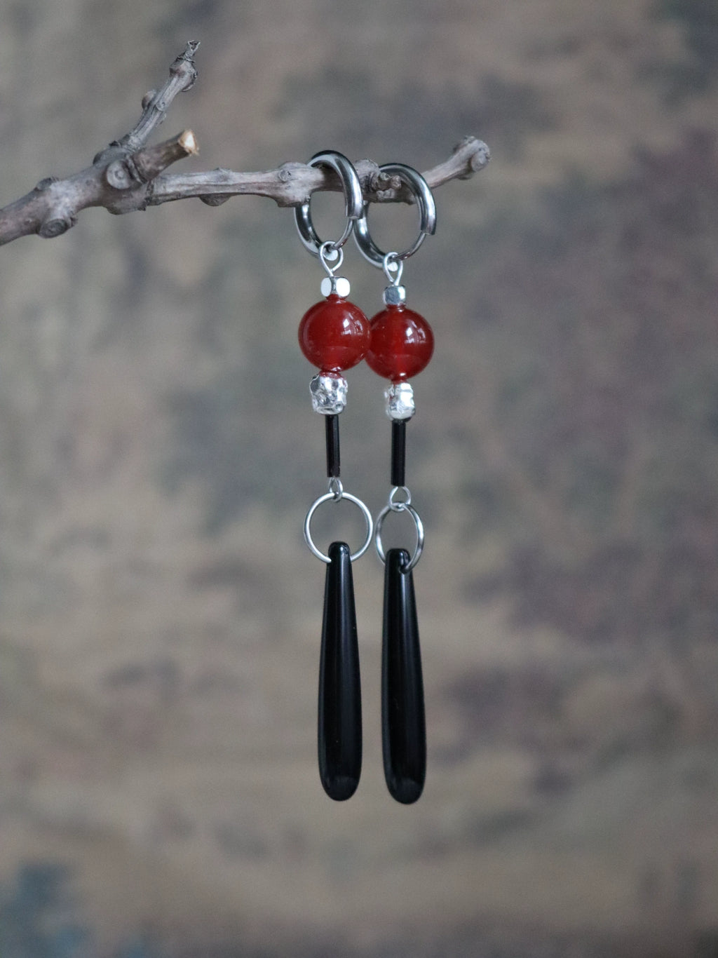 Chinoiserie Red and Black Agate Drop Earrings,Lumivault.