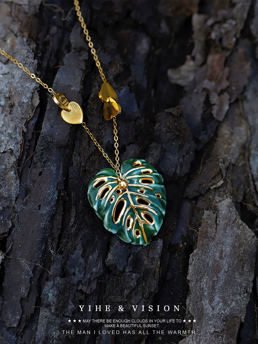 Monstera Ceramic Titanium Steel Stacking Necklace,Lumivault.