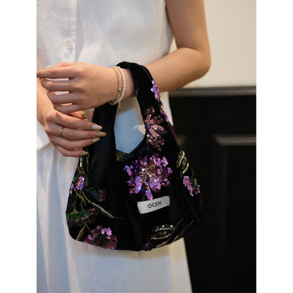 Velvet Sequin Beaded Hobo Handbag - Lumivault