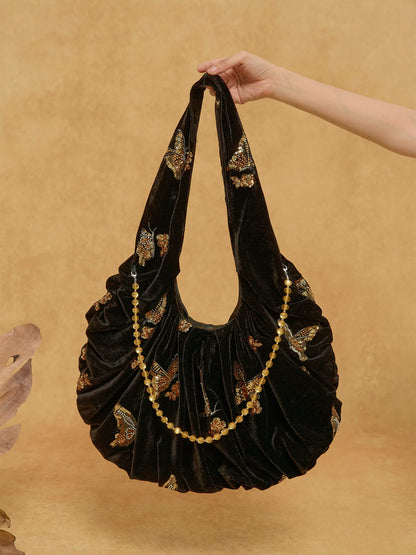 Regal Gilded Butterfly Velvet Tote Bag - Lumivault