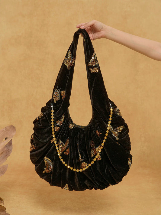 Regal Gilded Butterfly Velvet Tote Bag - Lumivault