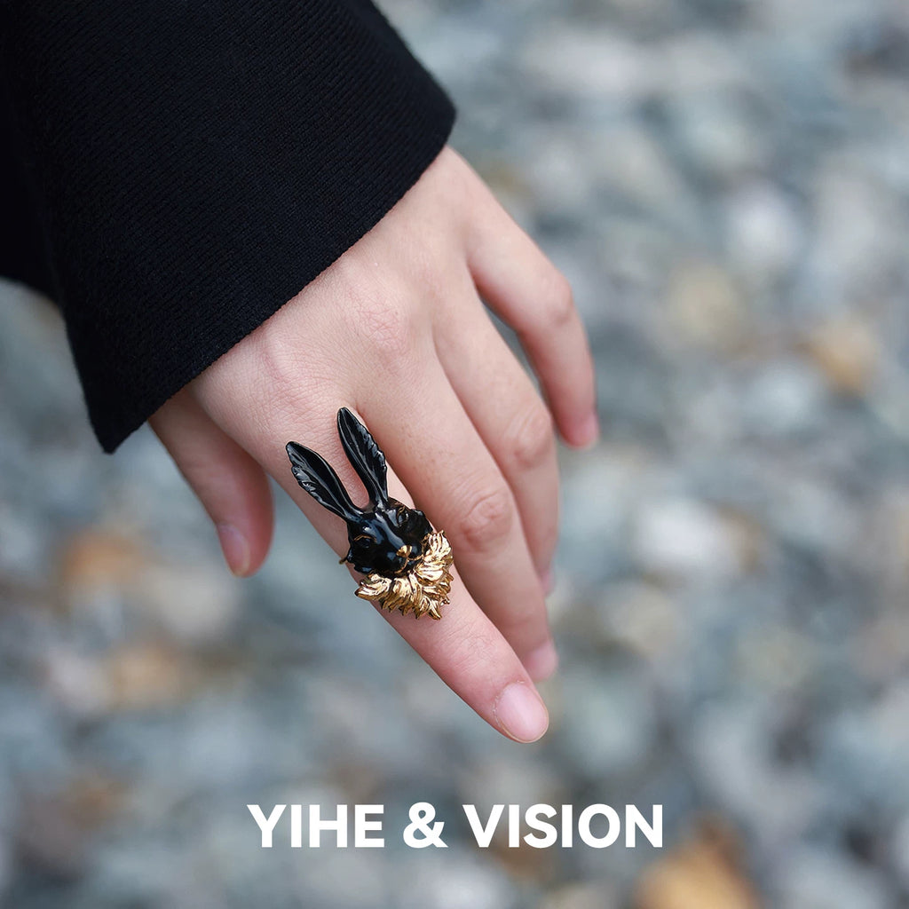 Black Gold Rabbit Ceramic Opening Ring,Lumivault.
