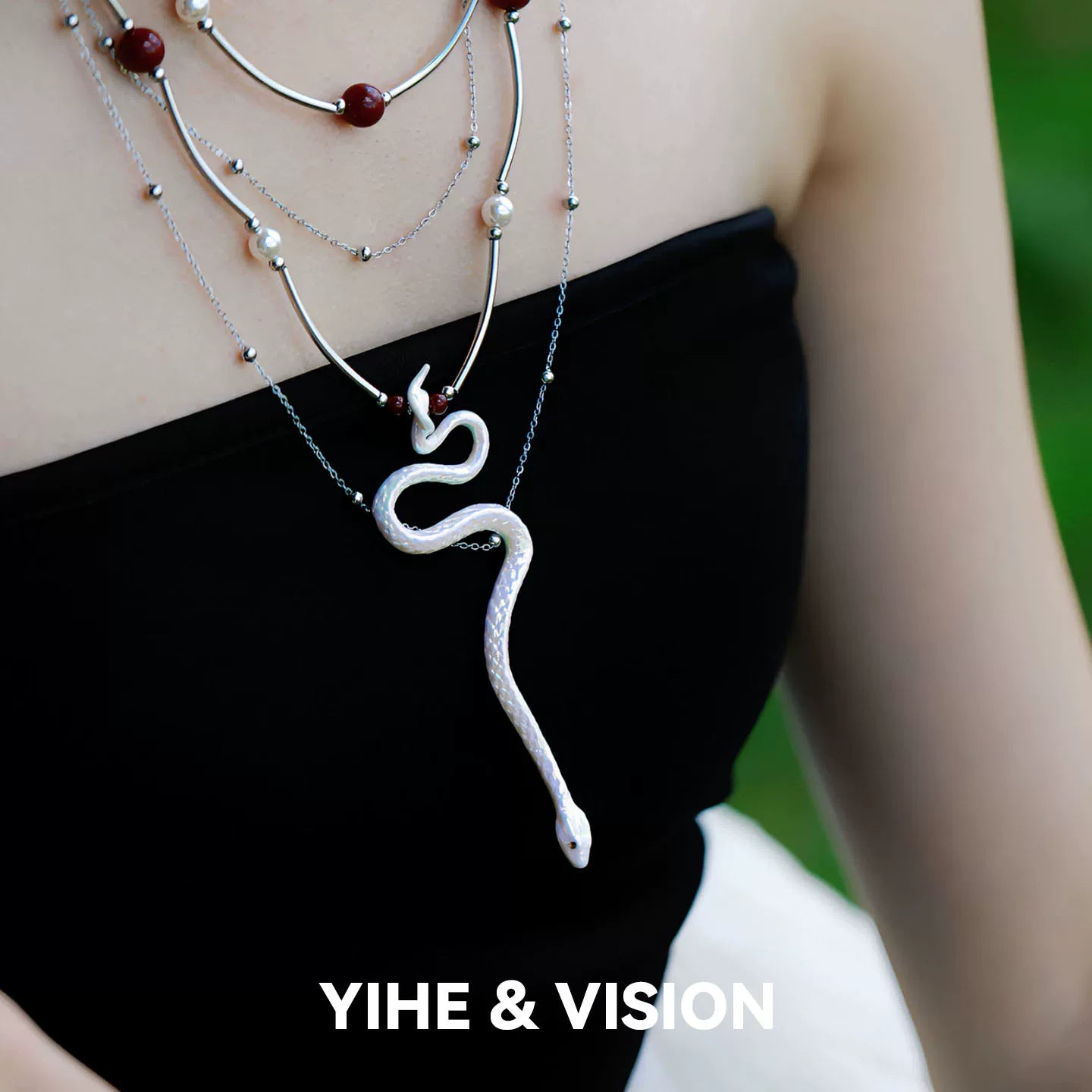 White Snake Pearl Ceramic Stacking Necklace,Lumivault.
