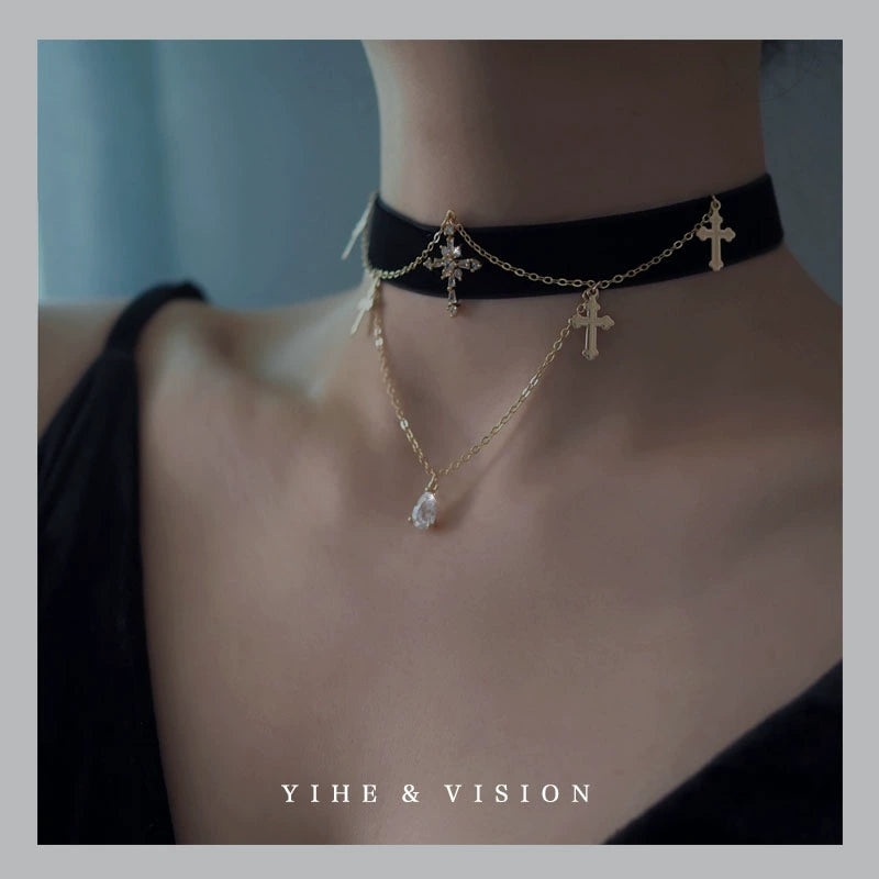 Zircon Cross Black Velvet Choker,Lumivault.