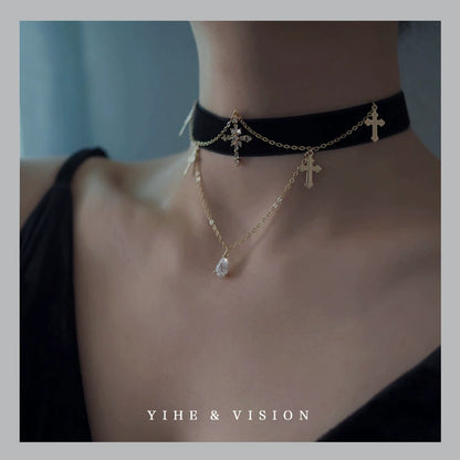 Zircon Cross Black Velvet Choker