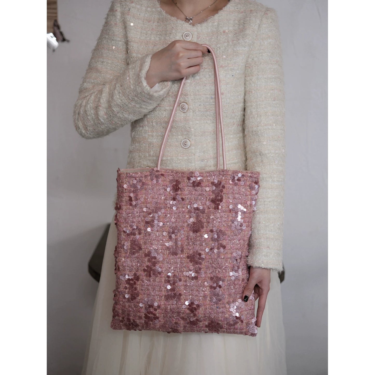 Maison Rose Tweed Sequin Shoulder Bag - Lumivault