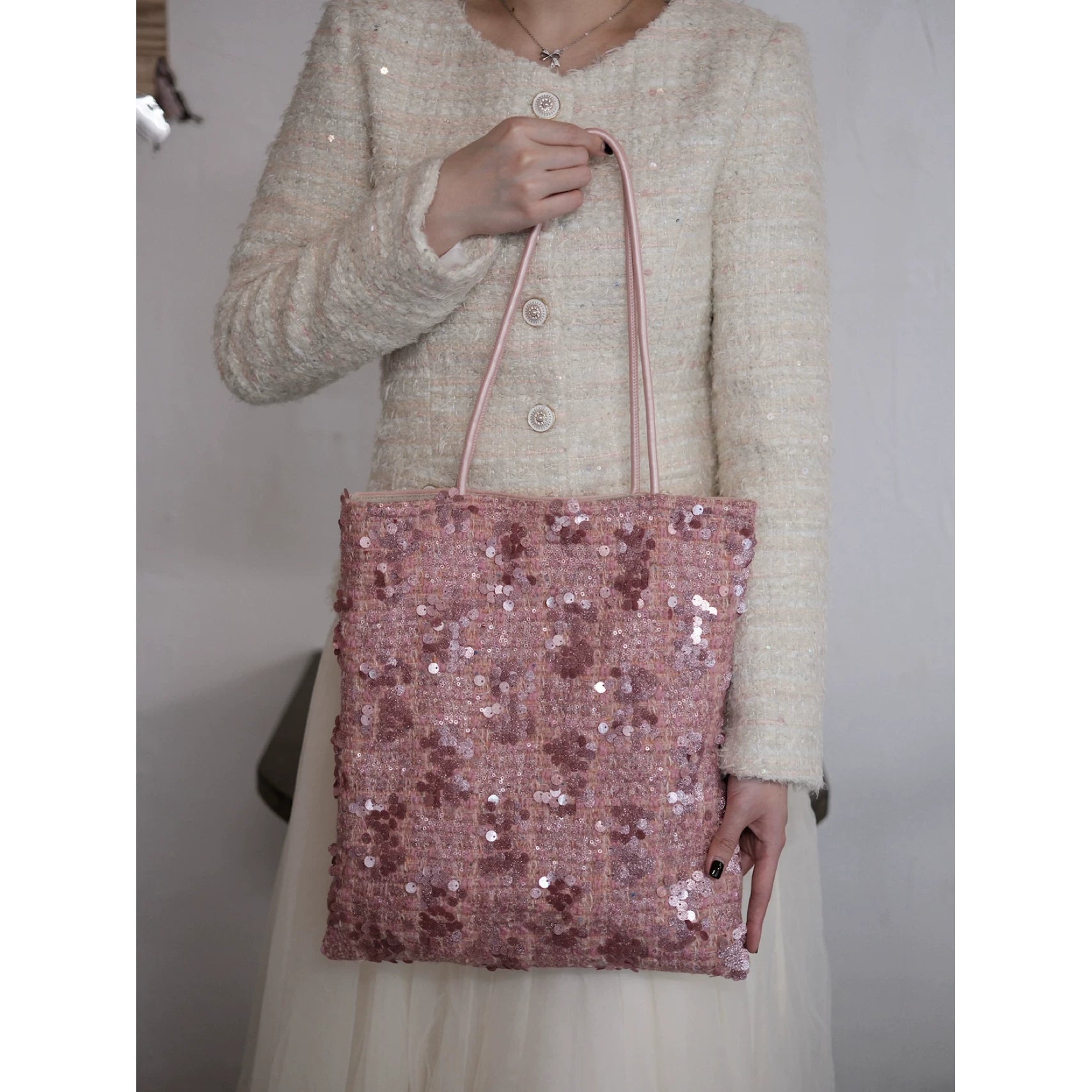 Maison Rose Tweed Sequin Shoulder Bag - Lumivault