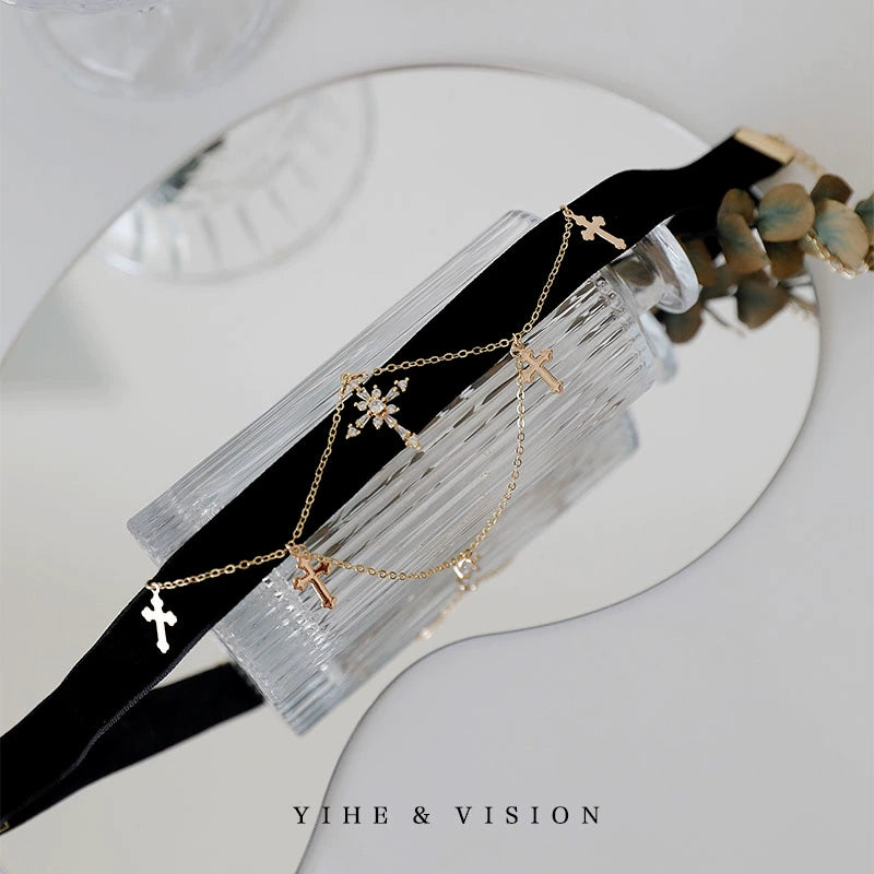 Zircon Cross Black Velvet Choker,Lumivault.