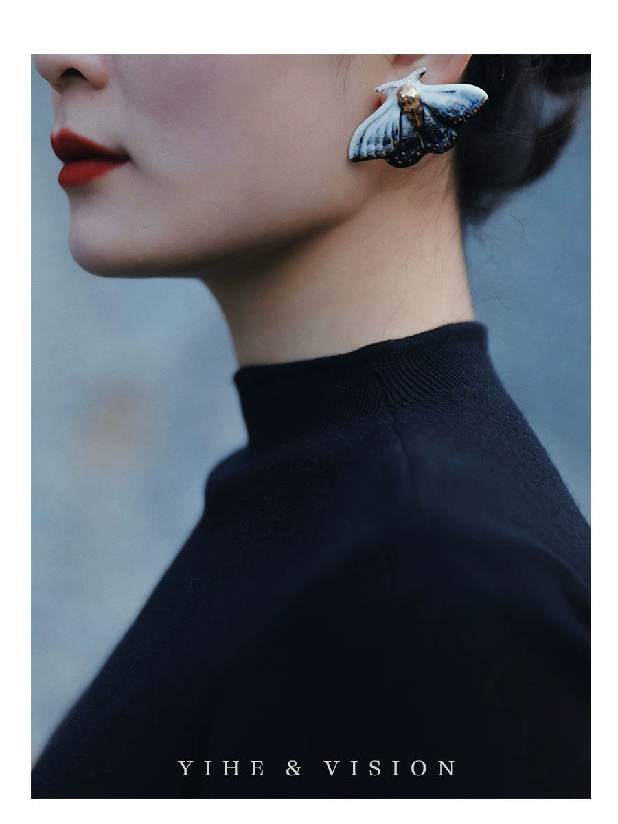 Blue Moth Ceramic Earrings,Lumivault.