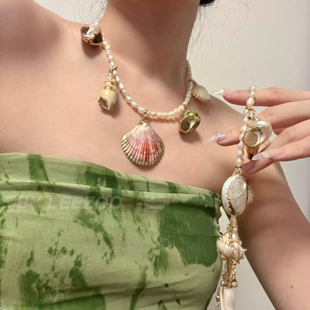 Vintage Baroque Pearl Seashell Necklace,Lumivault.