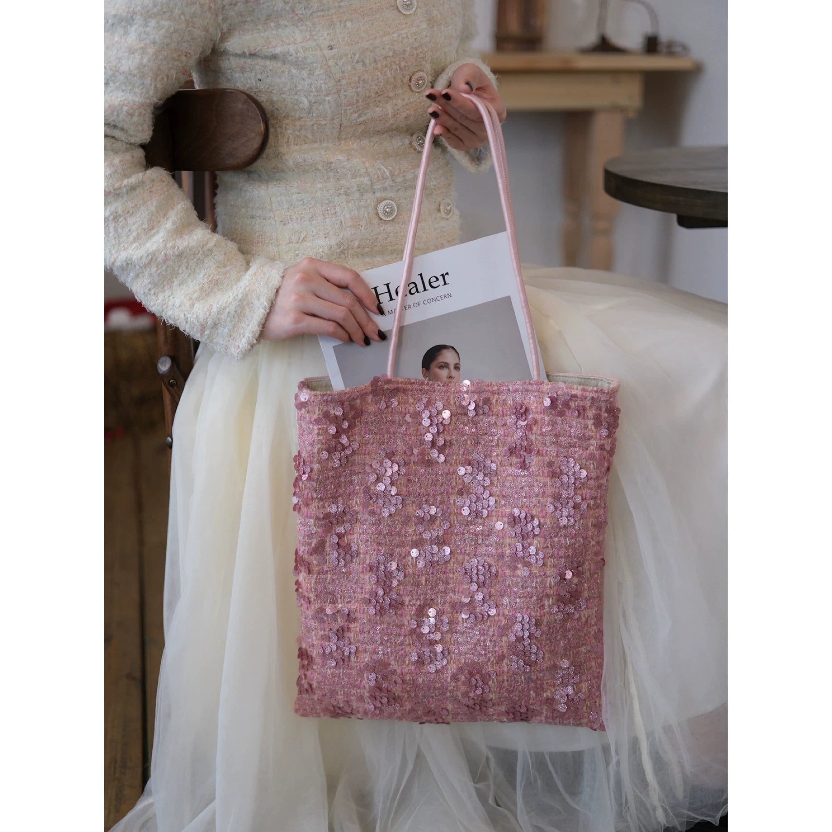 Maison Rose Tweed Sequin Shoulder Bag - Lumivault
