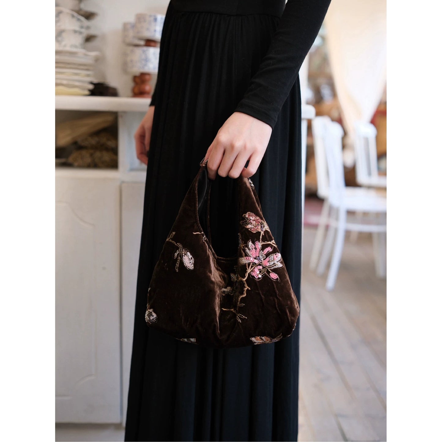 Brown Velvet Embroidered Beaded Hobo Bag - Lumivault
