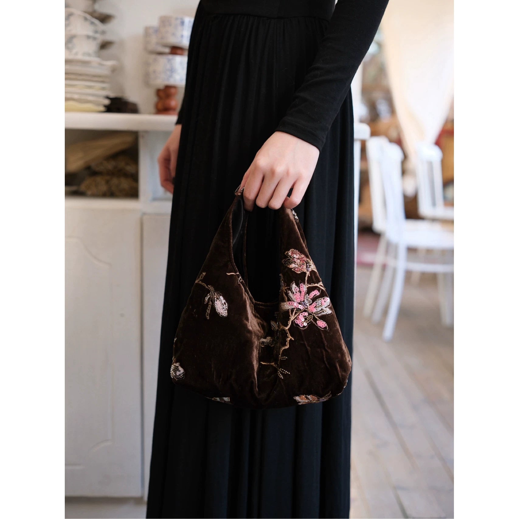 Brown Velvet Embroidered Beaded Hobo Bag - Lumivault