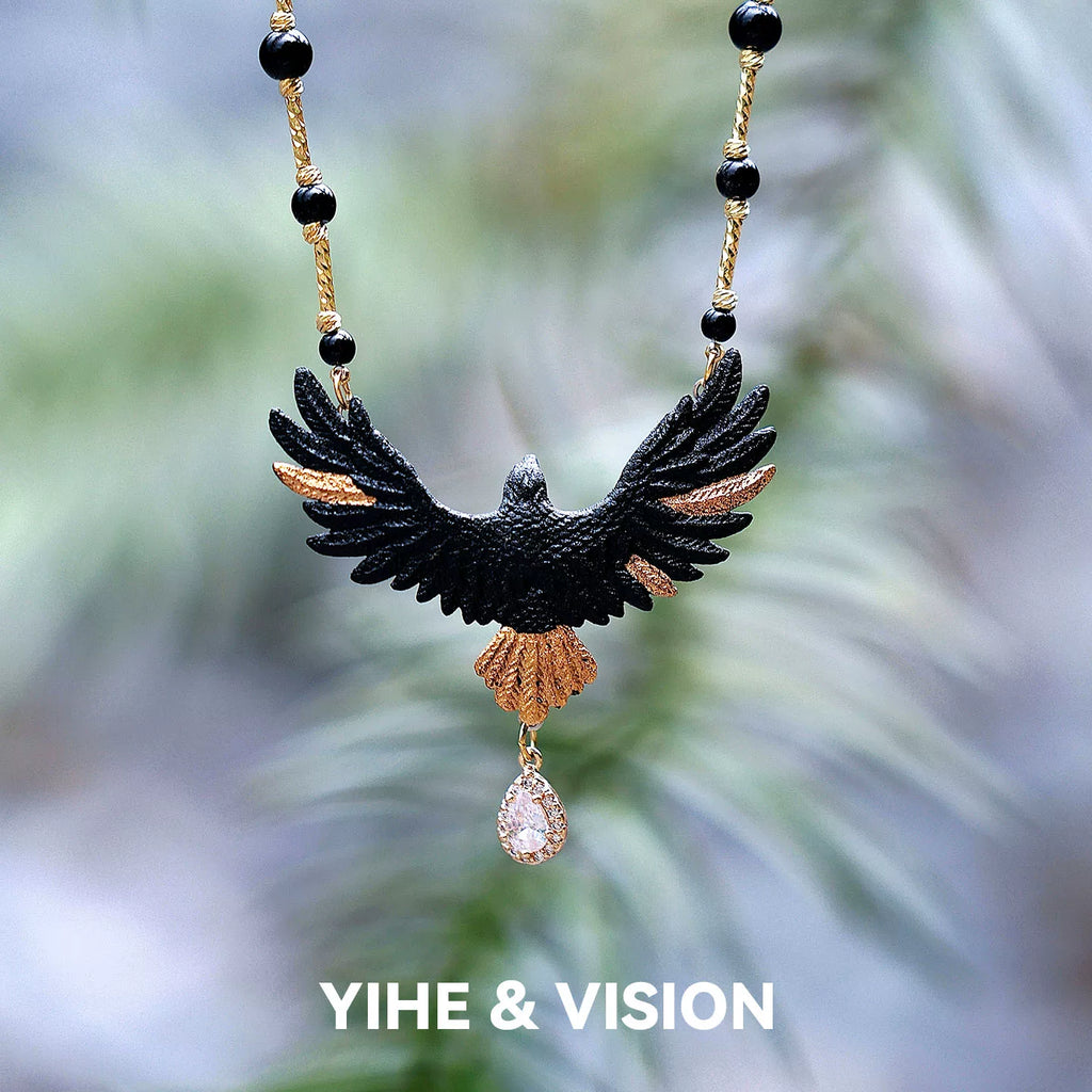 Gold-tailed Black Eagle Ceramic Necklace,Lumivault.