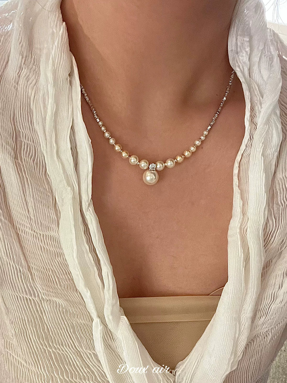 Silver Pearl Beaded Necklace,Lumivault.