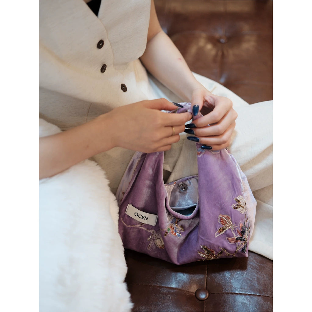 Iris Purple Beaded Velvet Hobo Bag - Lumivault