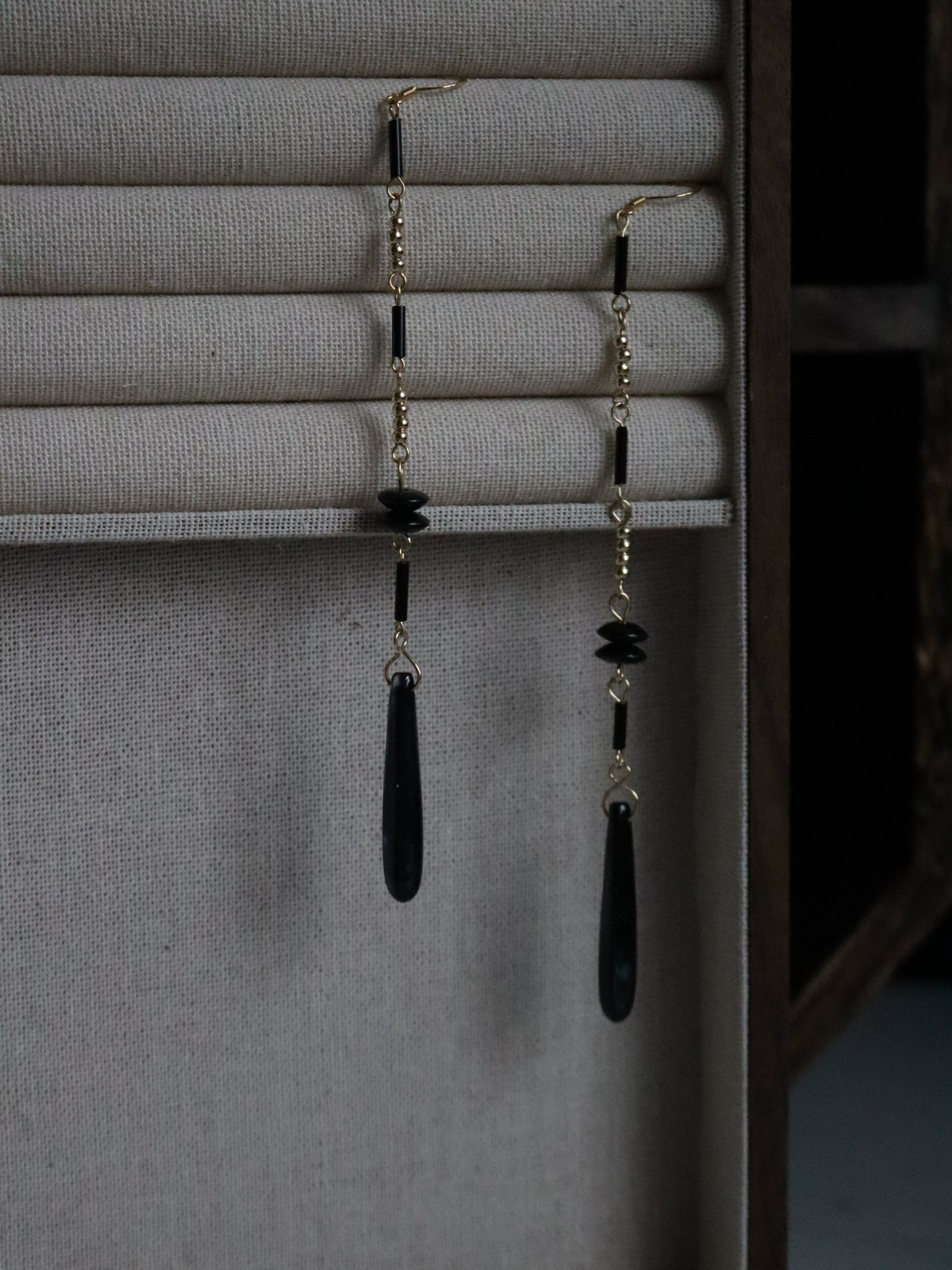 Chinoiserie Black Onyx Long Earrings,A Pair,Lumivault.