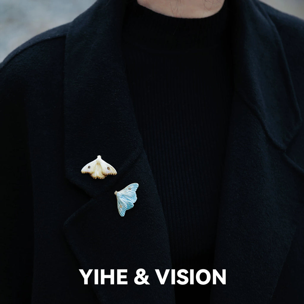 Frost Yellow and Blue Moth Ceramic Brooch,Lumivault.