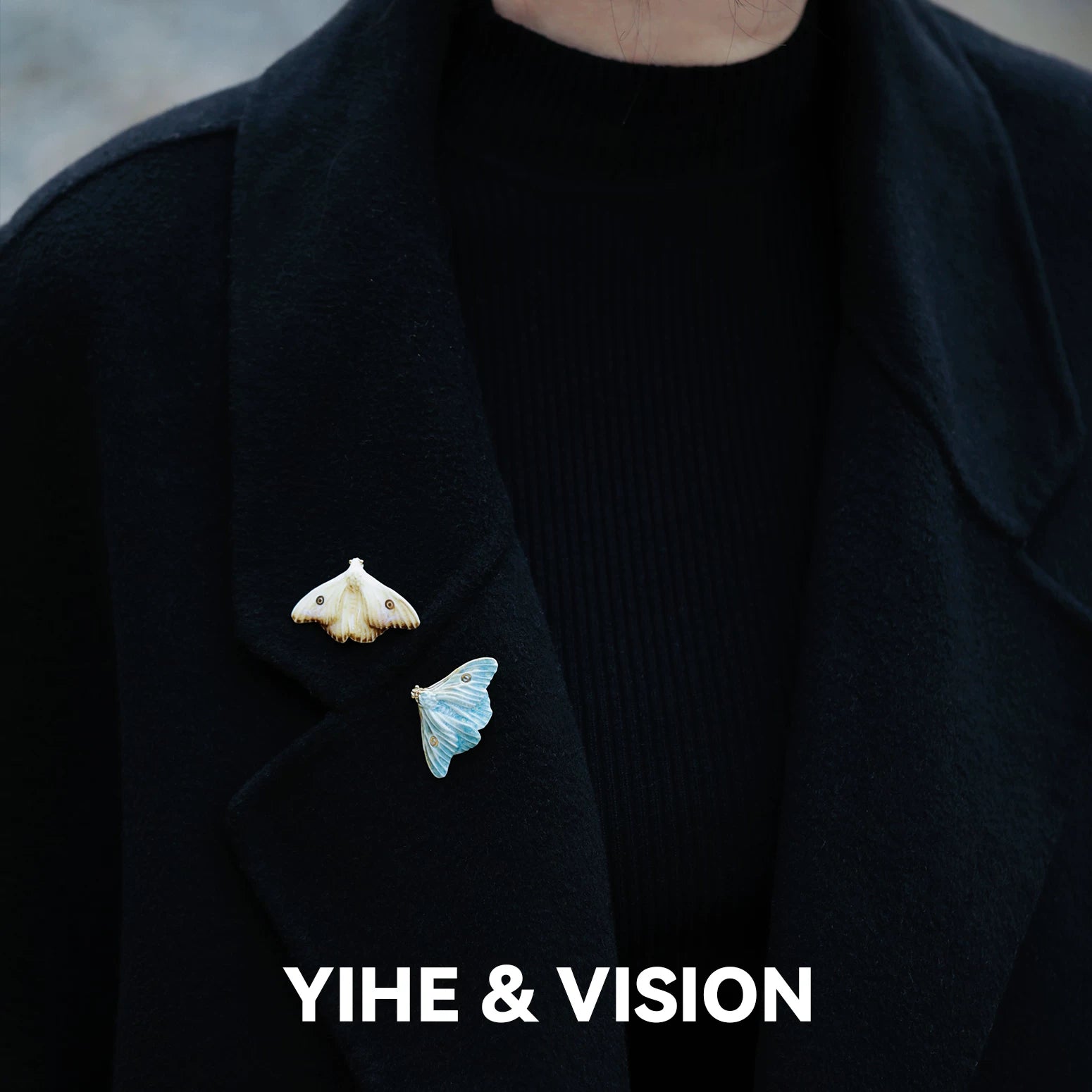 Frost Yellow and Blue Moth Ceramic Brooch,Lumivault.