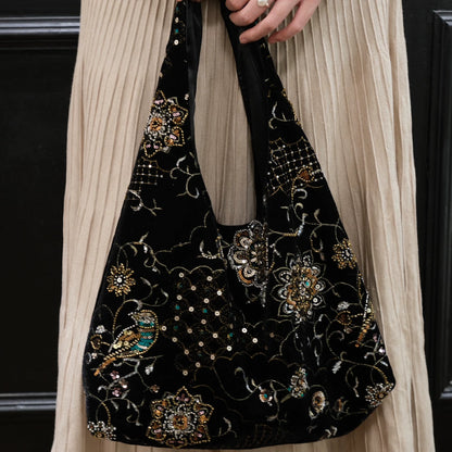 Vintage Bird Beaded Silk Velvet Bag - Lumivault