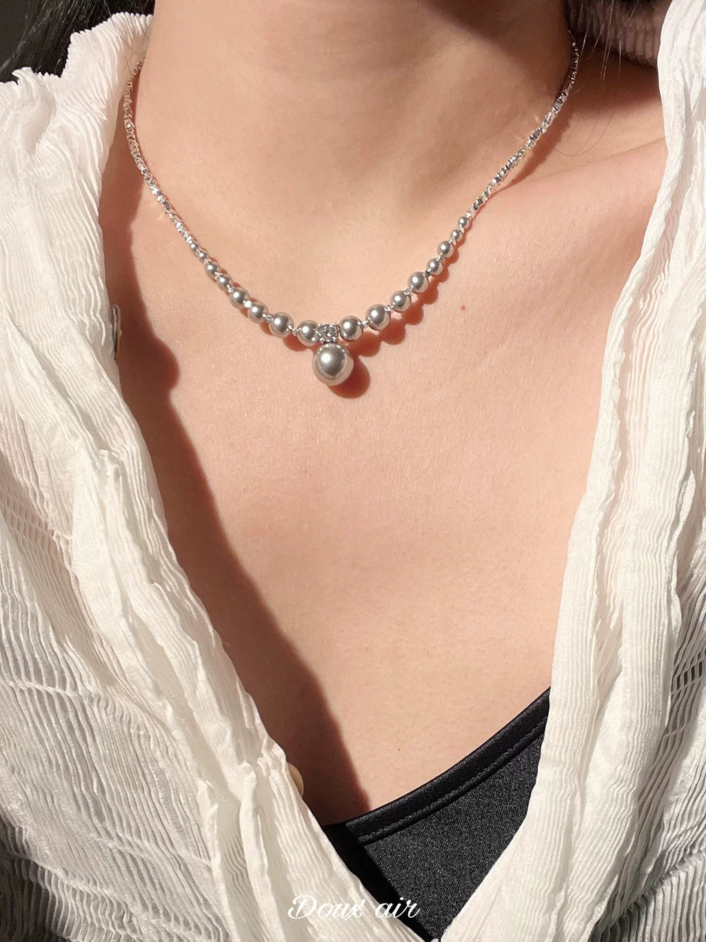 Silver Pearl Beaded Necklace,Lumivault.